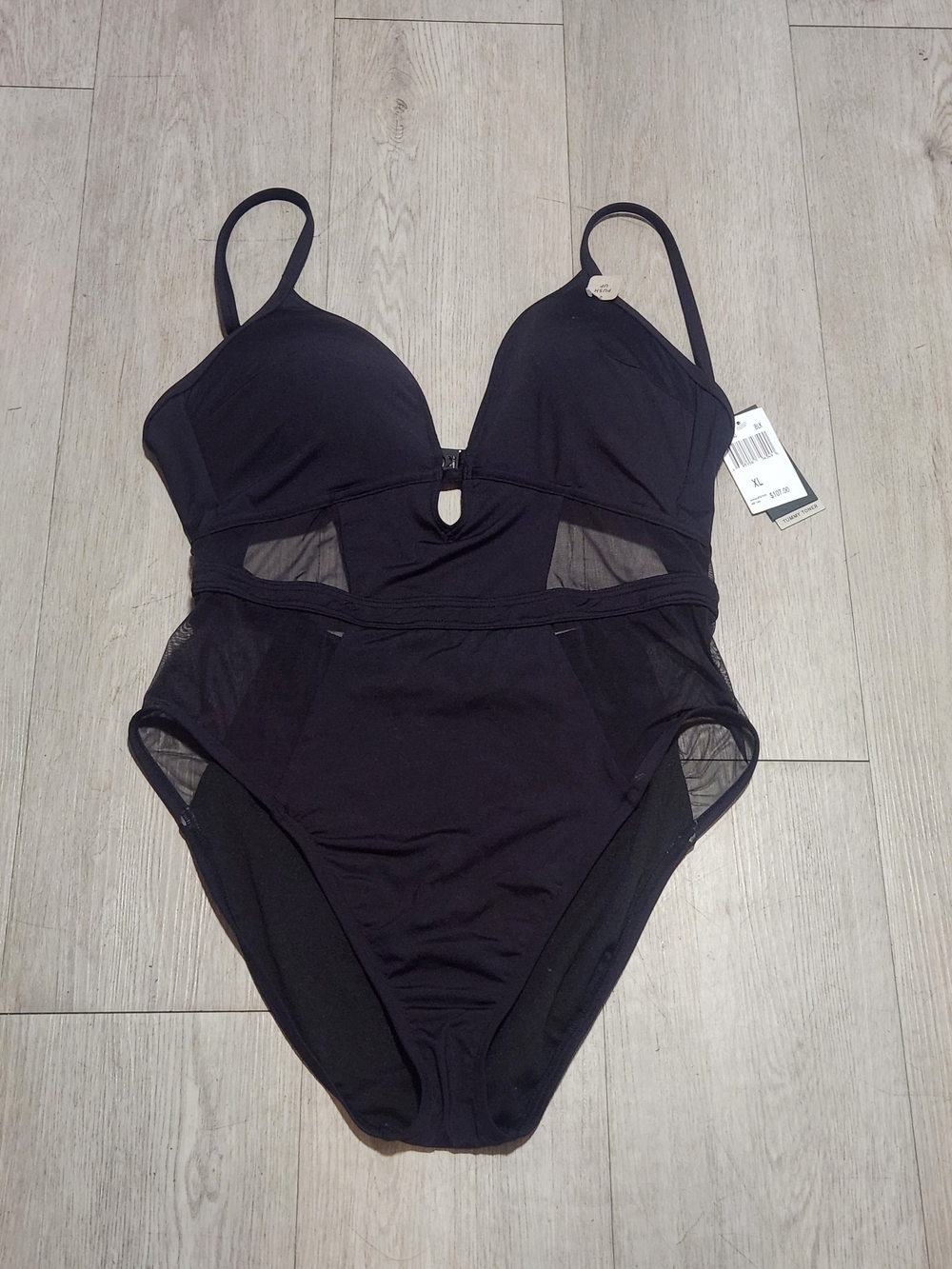 NWT Kenneth Cole Black Mesh Cutout One Piece Swimsuit XL Tummy Toner $107